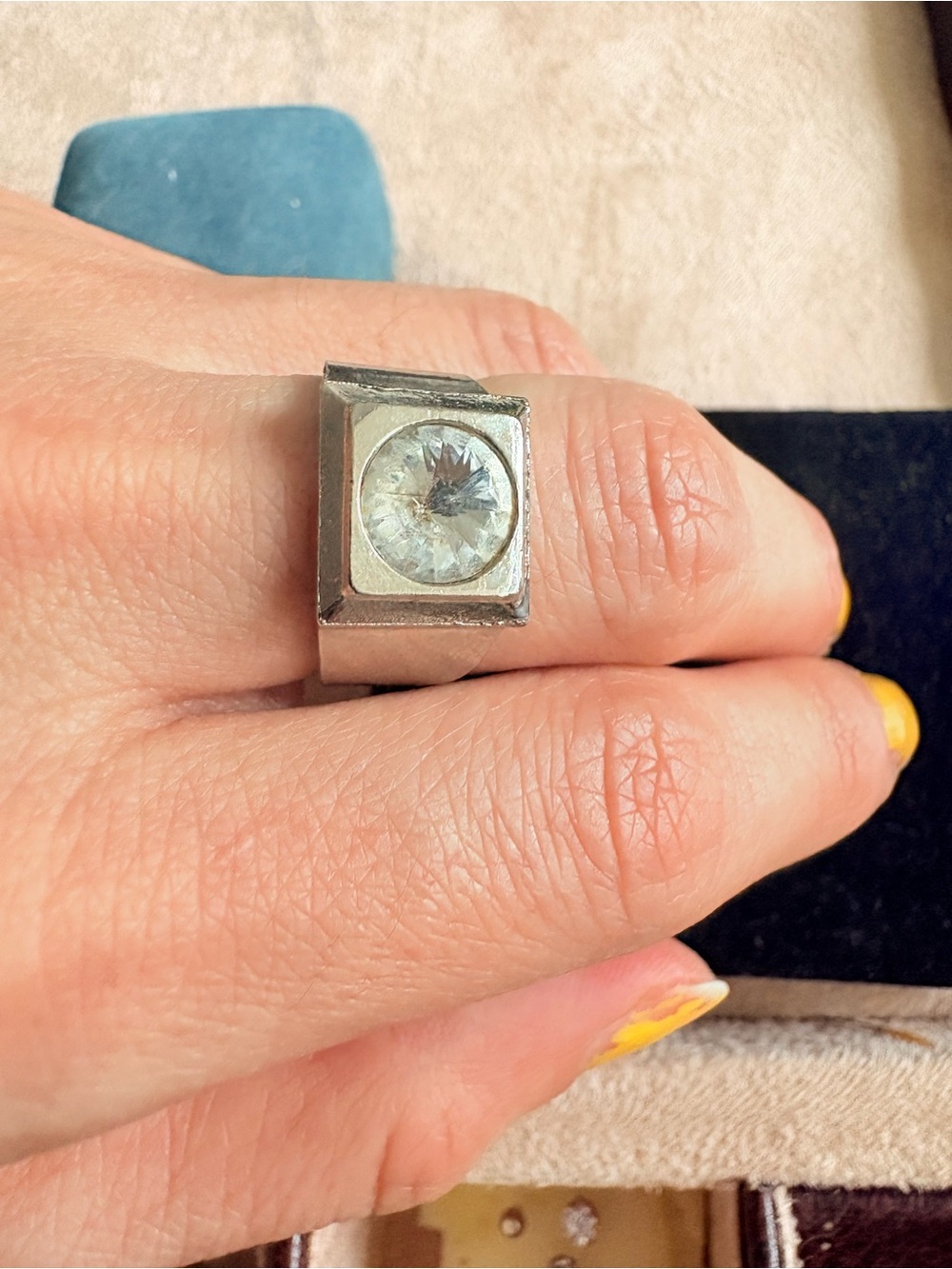 Chunky Square Silver Ring with Clear Center Stone
